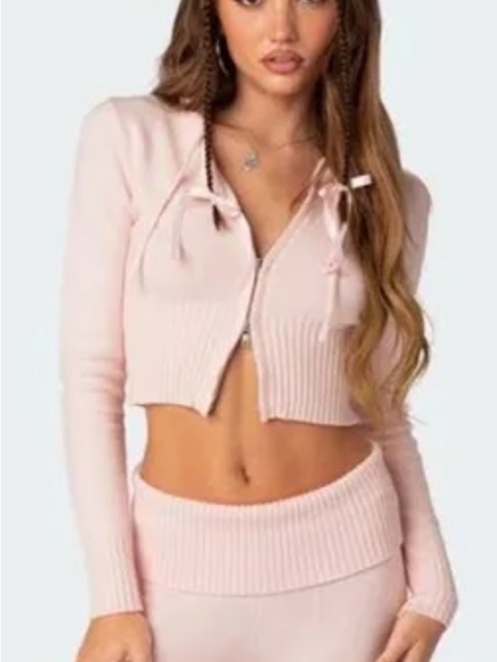 Edikted Pale Pink Cropped Ribbed Fold Over Set